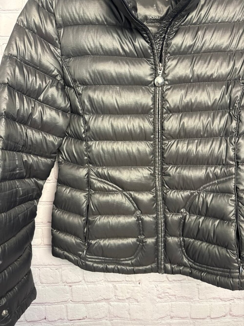 Calvin Klein puffy gray jacket metallic packable puffer coat ladies small - Picture 4 of 5